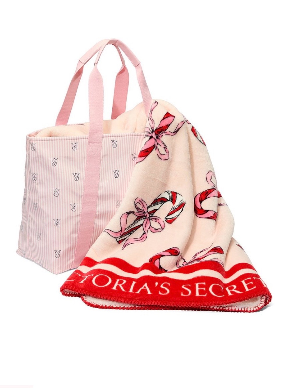 Victoria's Secret Pink Candy Cane Holiday Blanket with Pink Tote - Picture 2 of 7